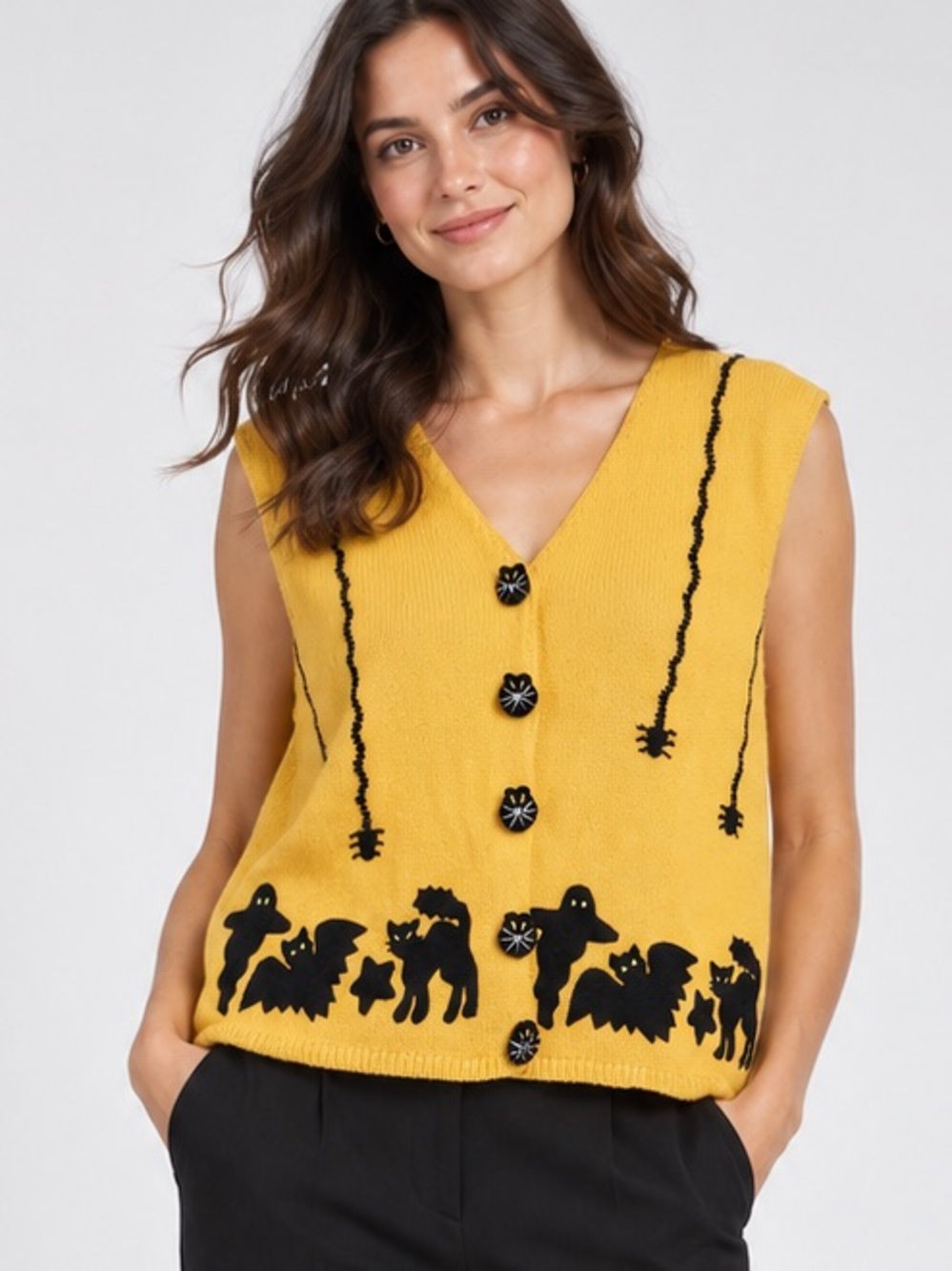 Vintage Marisa Christina Halloween Sweater Vest XL Cats Ghosts Bats Yellow